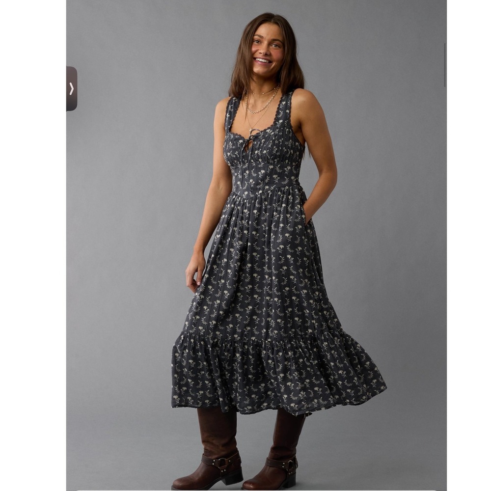 American Eagle Women Midi Dress S Floral Corset Coquette Fall Romantic Cottage